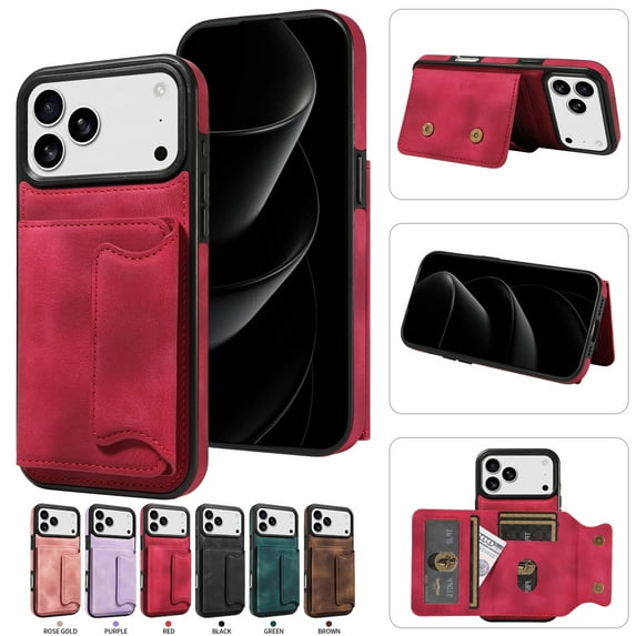 Case for iPhone 17 Pro, Premium PU Leather + TPU Protective Back Cover with Card Slots Finger Ring Kickstand Magnetic Closure Shockproof Drop Protective for iPhone 17 Pro, Red