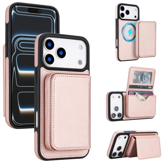Case For iPhone 17 Pro RFID Blocking Protective Purse Case With Magsafe Kickstand 2 In 1 Detachabl Flip Horizontal multi-slot card holder Shockproof Protective Leather Cover,Rose gold
