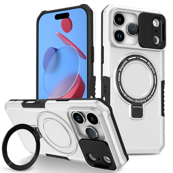 Case for iPhone 17 Pro, with Sliding Camera Cover & Ring Kickstand, Military Grade Drop Protective Hybrid Shockproof Anti-fall Phone Case Cover for iPhone 17 Pro, White