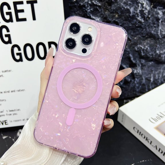 Case for iPhone 17 Pro Sparkle Glitter Bling Shell Pattern Magnetic Cover, Compatible with Mag-Safe Wireless Charging, Slim Lightweight TPU Bumper Shpckproof Case for iPhone 17 Pro, Pink