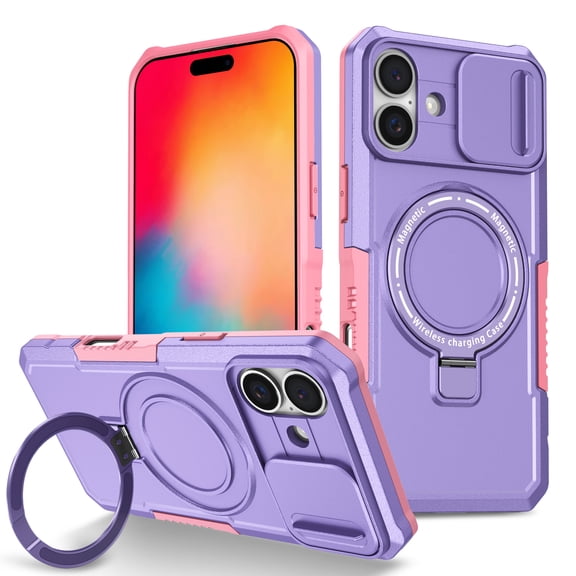 Case for iPhone 17, with Sliding Camera Cover, with Rotating Finger Ring Holder Magnetic Bracket Hybrid Hand Grip Protective Shockproof Phone Case Cover for iPhone 17 - Purple