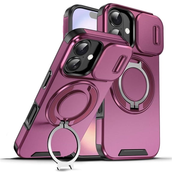 Case for iPhone 18 6.3-inch, Built In Slide Camera Cover & Rotatable Kickstand Sliding Ring Heavy Duty ShockProof Protective Case,Cherry red,For iPhone 18