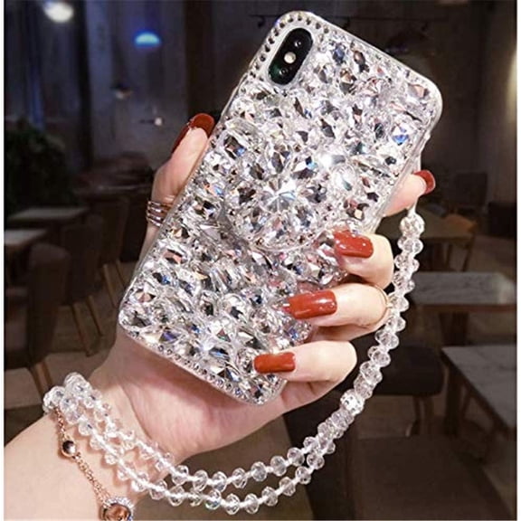 Case for iPhone 6 Plus/6s Plus,Rhinestone 3D Handmade Diamond Kickstand Bling Glitter Women Girl with Bling Strap Rope Phone Case for iPhone 6 Plus/6s Plus,5.5 inch (White)