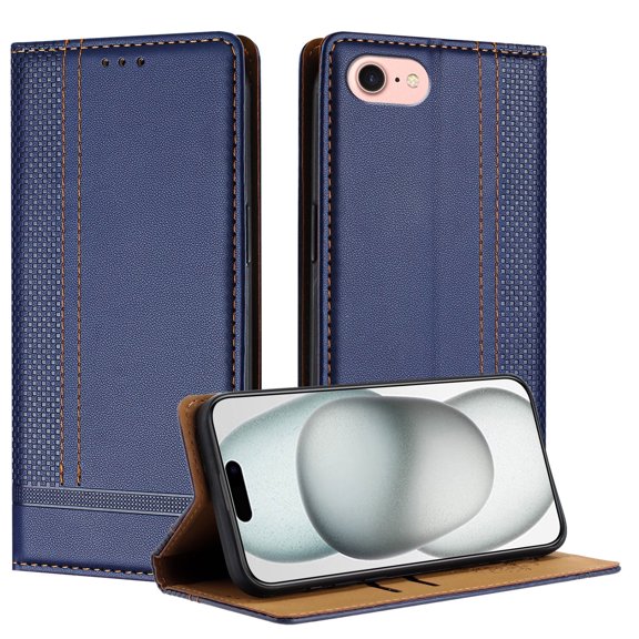 Case for iPhone 7 / 8 / SE 2022 & 2020, Wear-resistant PU Leather Retro Durable TPU Shell Flip Folio Stand, Full Body Protection Magnetic Clasp Business Shell, Blue