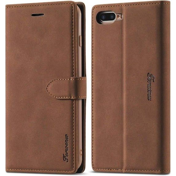 Case for iPhone 7 Plus iPhone 8 Plus, Vintage Wallet Folio Flip Cover Full Coverage Premium Leather Case with Magnetic Closure Kickstand Card Slots - Brown