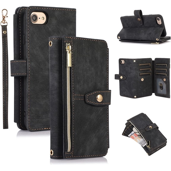 Case for iPhone 7 Plus/iPhone 8 Plus, 9 Card Slots Retro Leather Wallet Shockproof Flip Cover with Hand Strap Card Slots Zipper Pocket Kickstand Handbag Magnetic Closure - Retro Black