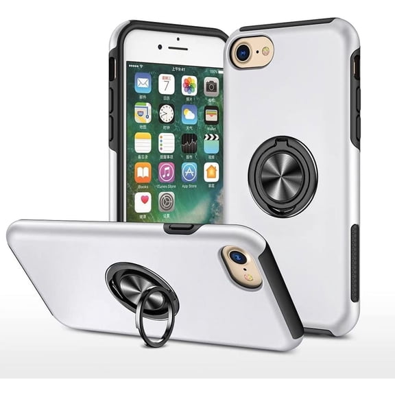 Case for iPhone 7 Plus iPhone 8 Plus,Dual Layer Hard  Case with 360 Degree Ring Stand Silicone Bumper Shockproof Protective Case (Camera Protection)  Car Holder Cover-Silver