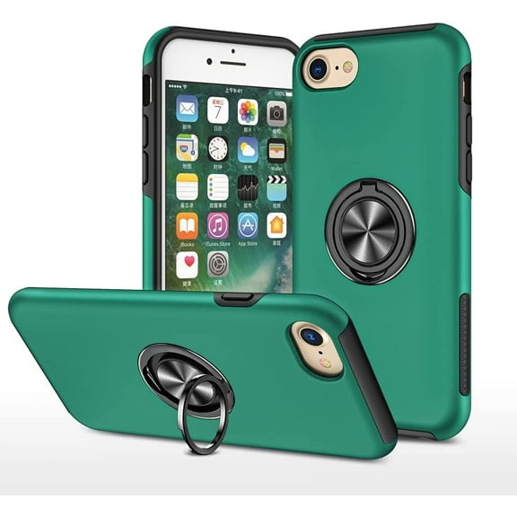 Case for iPhone 7 Plus iPhone 8 Plus,Dual Layer Hard Military Case with 360 Degree Ring Stand Silicone Bumper Shockproof Protective Case (Camera Protection) Magnetic Car Holder Cover-Green