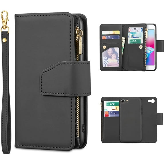 Case for iPhone 7 Plus iPhone 8 Plus, Glossy PU Leather 9 Card Slots Magnetic Closure Detachable Wrist Strap Zipper Wallet Shockproof Removable Back Cover Case - Black