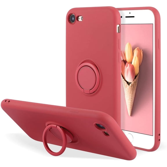 Case for iPhone 7 Plus iPhone 8 Plus, Slim Liquid Silicone Phone Case with 360 Rotatable Ring Holder Kickstand wtih Magnetic Car Mount Gel Rubber Shockproof TPU Bumper Case Cover - Rose Red