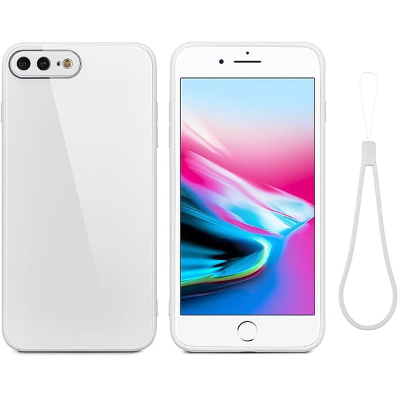 Case for iPhone 7 Plus iPhone 8 Plus, Slim Soft Liquid Silicone Phone Case with Tempered Glass Back Fashion Hand Strap Shockproof TPU Bumper Cover - White