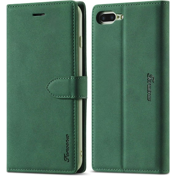 Case for iPhone 7 Plus iPhone 8 Plus, Vintage Wallet Folio Flip Cover Full Coverage Premium Leather Case with Magnetic Closure Kickstand Card Slots - Dark Green