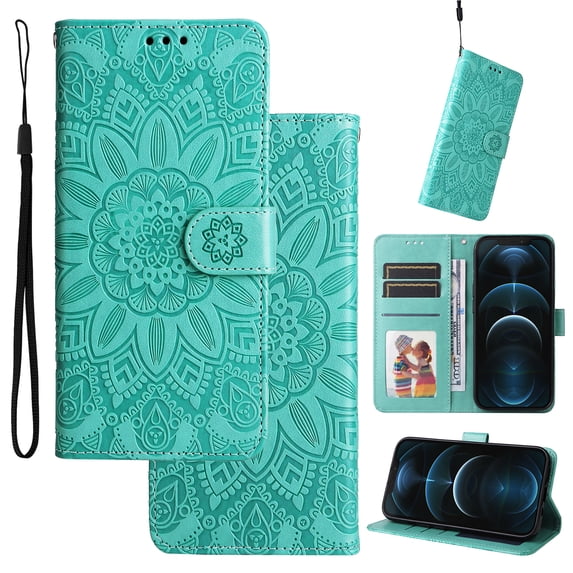 Case for iPhone 7, iPhone 8, iPhone SE 2020 & SE 2022,Premium PU Leather Magnetic Flip Wallet Case with Card Holder Cash Slot Lanyard Strap Kickstand Embossed Mandala Flower Pattern Cover, Green
