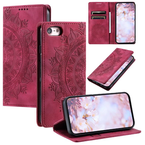 Case for iPhone 7 / iPhone 8 / iPhone SE 2022 & 2020 Wallet Case for Women Girls with Card Holder, Embossed Flower Pattern Magnetic Flip PU Leather Purse Protective Phone Cover, Red
