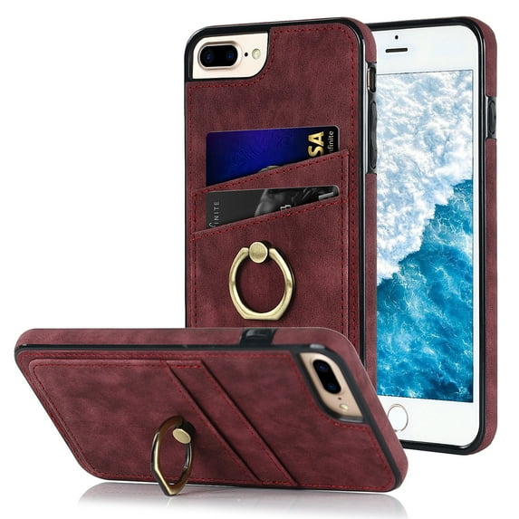 Case for iPhone 8 Plus / iPhone 7 Plus with Ring Holder Kickstand Card Slots Cover, PU Leather Soft TPU Bumper Shockproof Non-Slip Slim Phone Case for iPhone 8 Plus / iPhone 7 Plus 5.5 Inch,Winered