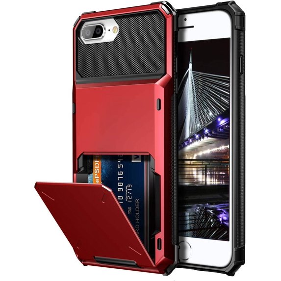 Case for iPhone 8 Plus Case Wallet Card Holder ID Slot Scratch Resistant Dual Layer Protective Bumper Rugged TPU Rubber Armor Hard Shell Cover for iPhone 6 Plus 6s Plus 7 Plus 8 Plus (Red)