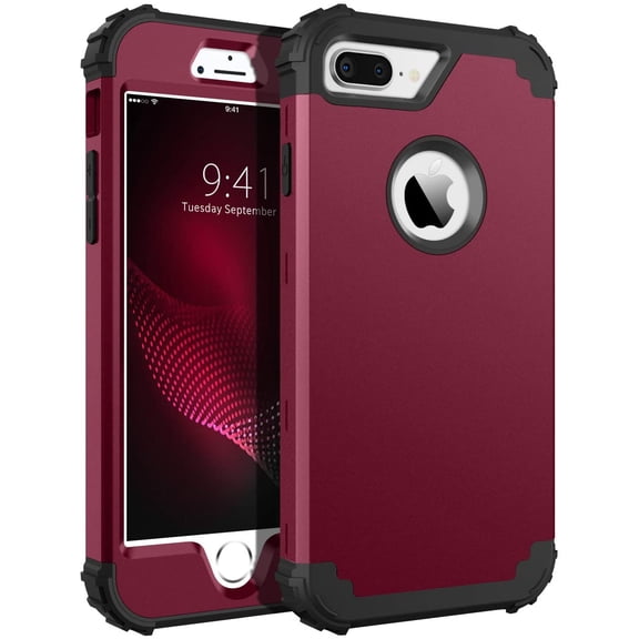 for Case for iPhone 8 Plus/iPhone 7 Plus, 3 Layer Hybrid Hard PC Soft Rubber Heavy Duty Rugged Bumper Shockproof Anti Slip Full-Body Protective Phone Cover, Wine Red