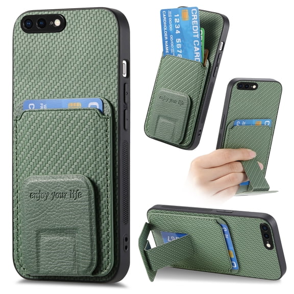 Case for iPhone 8 Plus / iPhone 7 Plus with Hidden Kickstand, Carbon Fiber Texture Wallet Case with Card Holder for iPhone 8 Plus Magnetic Car Mount Shockproof Military Grade Protection Cover, Green