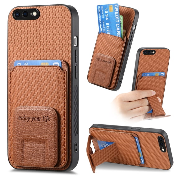 Case for iPhone 8 Plus / iPhone 7 Plus with Hidden Kickstand, Carbon Fiber Texture Wallet Case with Card Holder for iPhone 8 Plus Magnetic Car Mount Shockproof Military Grade Protection Cover, Brown