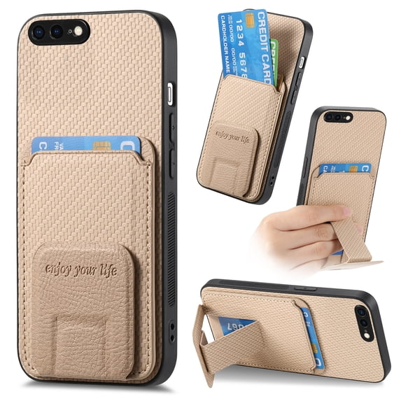 Case for iPhone 8 Plus / iPhone 7 Plus with Hidden Kickstand, Carbon Fiber Texture Wallet Case with Card Holder for iPhone 8 Plus Magnetic Car Mount Shockproof Military Grade Protection Cover, Khaki