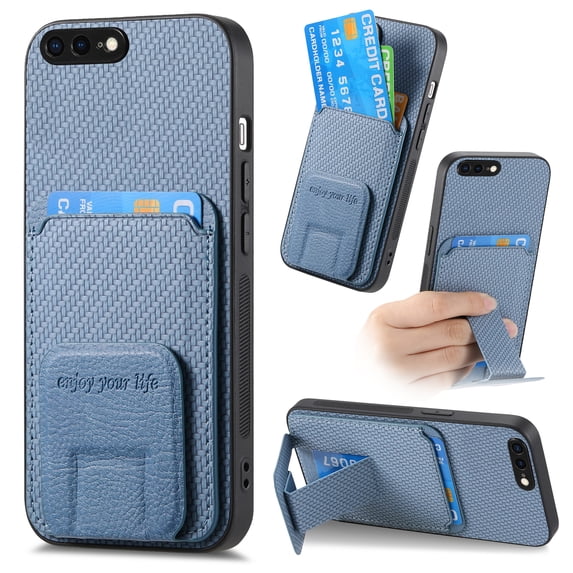 Case for iPhone 8 Plus / iPhone 7 Plus with Hidden Kickstand, Carbon Fiber Texture Wallet Case with Card Holder for iPhone 8 Plus Magnetic Car Mount Shockproof Military Grade Protection Cover, Blue