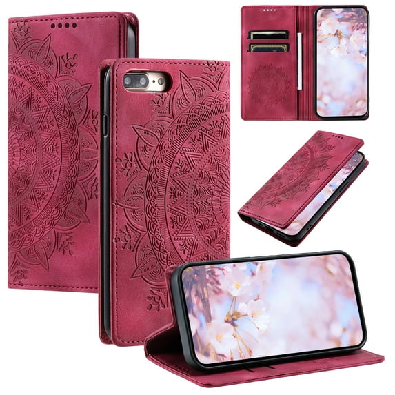 Case for iPhone 8 Plus / iPhone 7 Plus Wallet Case for Women Girls with Card Holder, Embossed Flower Pattern Magnetic Flip PU Leather Purse Protective Phone Cover for iPhone 8 Plus, Red