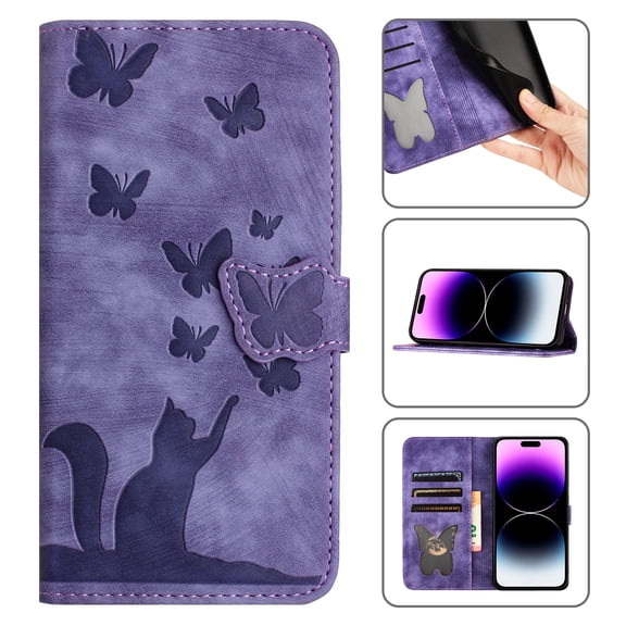 Case for iPhone 8 Plus / iPhone 7 Plus Wallet with Credit Card Holder Flip Stand, Cute Cat Butterfly Pattern PU Leather Folio Phone Cover Magnetic Clasp Full Body Shockproof Protection Case, Purple