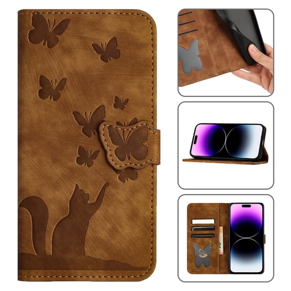 Case for iPhone 8 Plus / iPhone 7 Plus Wallet with Credit Card Holder Flip Stand, Cute Cat Butterfly Pattern PU Leather Folio Phone Cover Magnetic Clasp Full Body Shockproof Protection Case, Brown