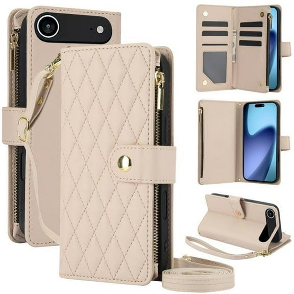 Case for iPhone Air 6.5" RFID Blocking Protective Purse Case With Card Slots Holder Kickstand Wrist Strap Lanyard Zipper 3-card  Flip Wallet Case,Beige,For iPhone Air