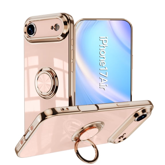 Case for iPhone Air Case with Ring Stand [360° Rotatable Ring Holder Magnetic Kickstand][Support Car Mount] Plating Rose Gold Edge Soft Flexible TPU Luxury Phone Case, Light Pink