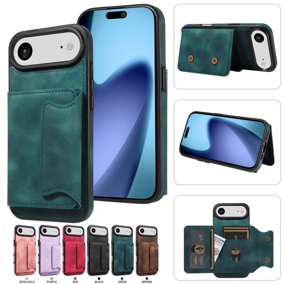 Case for iPhone Air, Premium PU Leather + TPU Protective Back Cover with Card Slots Finger Ring Kickstand Magnetic Closure Shockproof Drop Protective for iPhone Air, Green
