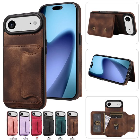 Case for iPhone Air, Premium PU Leather + TPU Protective Back Cover with Card Slots Finger Ring Kickstand Magnetic Closure Shockproof Drop Protective for iPhone Air, Brown