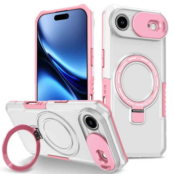 Case for iPhone Air, with Sliding Camera Cover, with Rotating Finger Ring Holder Magnetic Bracket Hybrid Hand Grip Protective Shockproof Phone Case Cover for iPhone Air - Pink + White