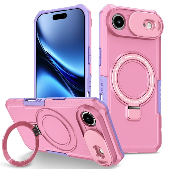 Case for iPhone Air, with Sliding Camera Cover, with Rotating Finger Ring Holder Magnetic Bracket Hybrid Hand Grip Protective Shockproof Phone Case Cover for iPhone Air - Pink
