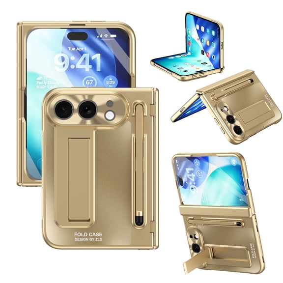 Case for iPhone Duo with Hinge Protection, Stylus Slot & Free Stylus Kickstand HD Screen Protector Full Drop Protective Phone Cover for iPhone Duo, Gold