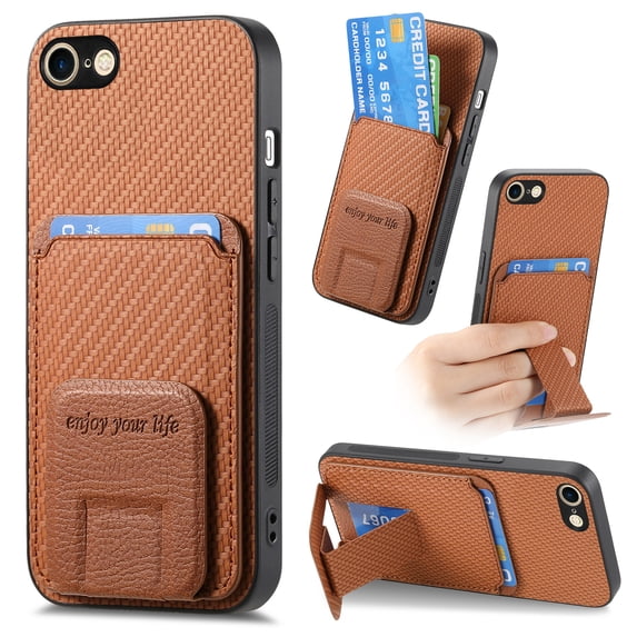 Case for iPhone SE 2022 & 2020 with Hidden Kickstand, Carbon Fiber Texture Wallet Case with Card Holder for iPhone 7 / iPhone 8 Magnetic Car Mount Shockproof Military Grade Protection Cover, Brown