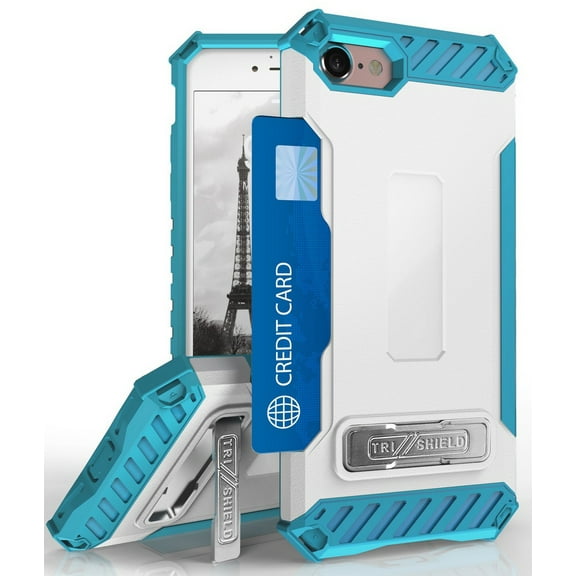 Case for iPhone SE 2022/2020, Tri-Shield Rugged Cover [with Kickstand + Credit Card Wallet Slot + Wrist Strap] for iPhone SE (2022/2020), iPhone 8, iPhone 7