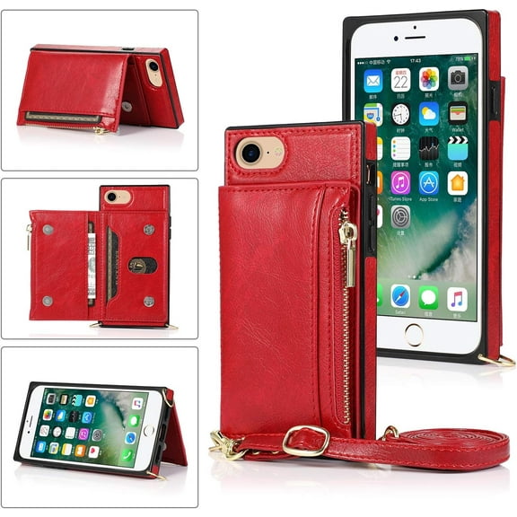 Case for iPhone SE 2022 5G/iPhone 7/iPhone 8/iPhone SE 2020, PU Leather Zipper Wallet Case with Card Holder Slots Crossbody Wrist Strap Kickstand Flip Case Cover for iPhone SE3/SE2 - Red