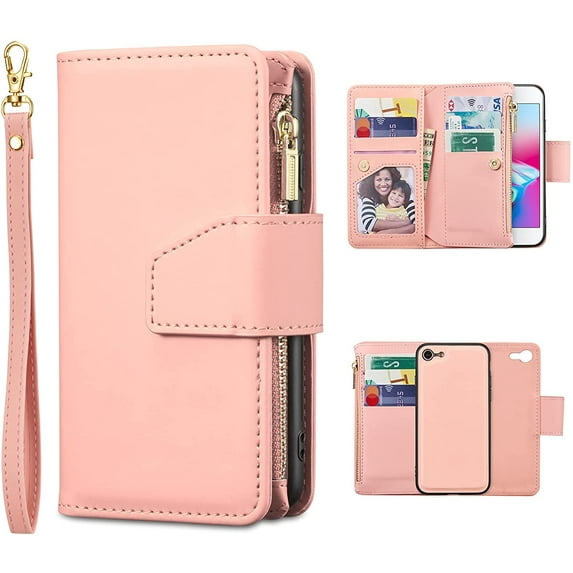 Case for iPhone SE(5G) 2022 iPhone 7 iPhone 8 iPhone SE 2020, Glossy PU Leather 9 Card Slots Magnetic Closure Detachable Wrist Strap Zipper Wallet Shockproof Removable Back Cover Case - Pink