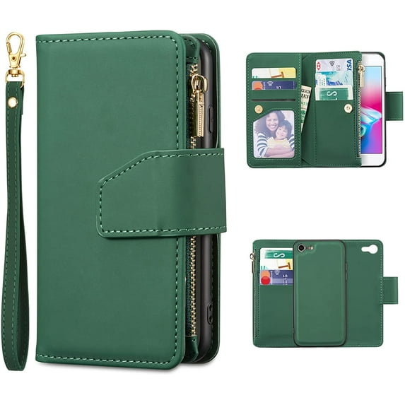 Case for iPhone SE(5G) 2022 iPhone 7 iPhone 8 iPhone SE 2020, Glossy PU Leather 9 Card Slots Magnetic Closure Detachable Wrist Strap Zipper Wallet Shockproof Removable Back Cover - Dark Green