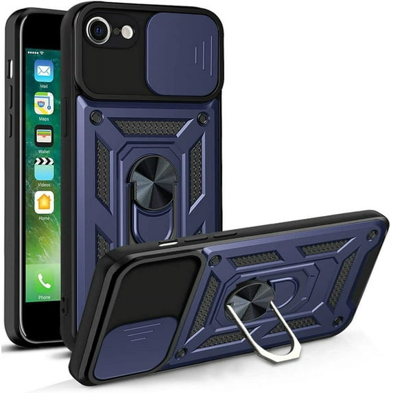 Case for iPhone SE with Slide Camera Cover, Heavy Duty Military Grade Protection Phone Case Built-in 360° Rotate Ring Stand for iPhone SE 2022/2020 Blue