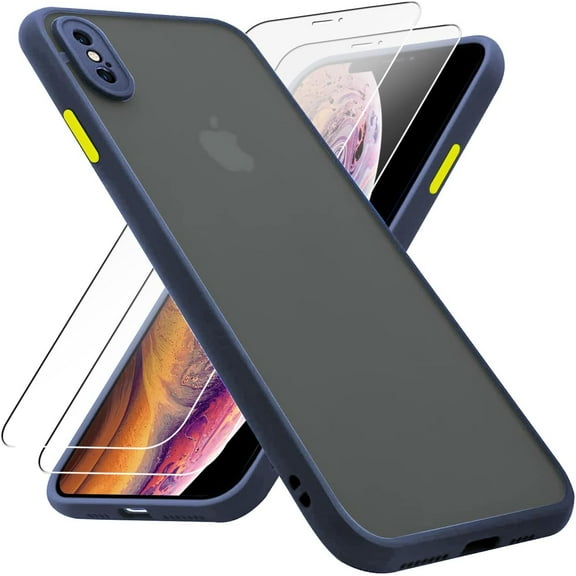 Case for iPhone X/iPhone Xs with 2 HD Tempered Glass Screen Protectors, Translucent Matte Protection Cover with Soft Edge, Hard PC Back and TPU Hybrid Anti Yellow slim fit shell, 5.8 inch Blue
