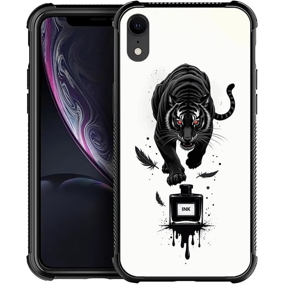 Case for iPhone XR Case, Graphic Design Case for Girl Boy Soft Silicone Hard Acrylic Shock Protection Designed Case for iPhone XR Tiger Feather Ink Bottle Pattern