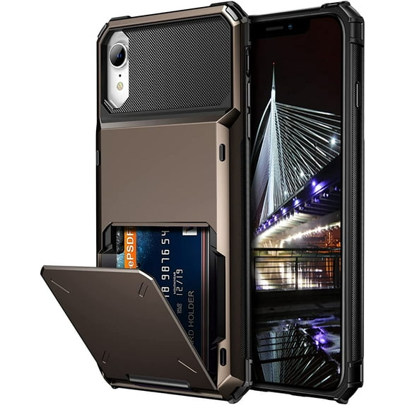 Case for iPhone XR Case Wallet ID Slot Credit Card Holder Spring Pocket Scratch Resistant Dual Layer Protective Bumper Rugged TPU Rubber Armor Hard Shell Cover for iPhone XR 10R (Gun Color)