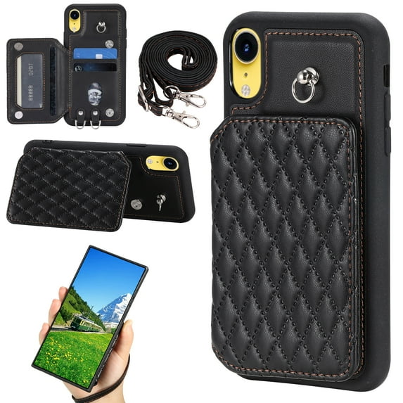 Case for iPhone XR, Detachable Crossbody Strap Wallet Case with Card Slots, Stand Ring Flip PU Leather Protective Cover Lanyard for Women for iPhone XR, Black