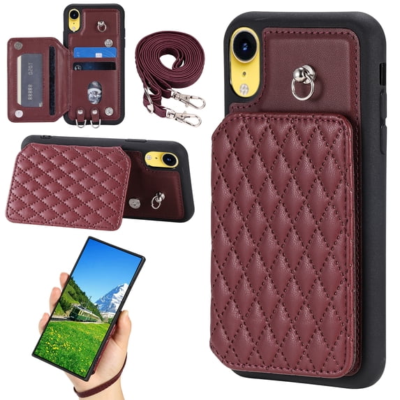 Case for iPhone XR, Detachable Crossbody Strap Wallet Case with Card Slots, Stand Ring Flip PU Leather Protective Cover Lanyard for Women for iPhone XR, Winered