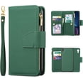thumbnail image 1 of Case for iPhone XR, Glossy PU Leather 9 Card Slots Magnetic Closure Detachable Wrist Strap Zipper Wallet Shockproof Removable Back Cover Case - Dark Green, 1 of 16