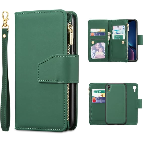 Case for iPhone XR, Glossy PU Leather 9 Card Slots Magnetic Closure Detachable Wrist Strap Zipper Wallet Shockproof Removable Back Cover Case - Dark Green