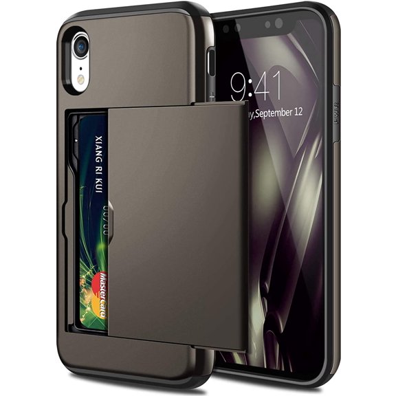 Case for iPhone XR Hybrid iPhone XR Wallet Case Card Holder Shell Heavy Duty Protection Anti Scratch Dual Layer Hard PC Soft Rubber Bumper Cover for iPhone XR 6.1 inch Gun Color