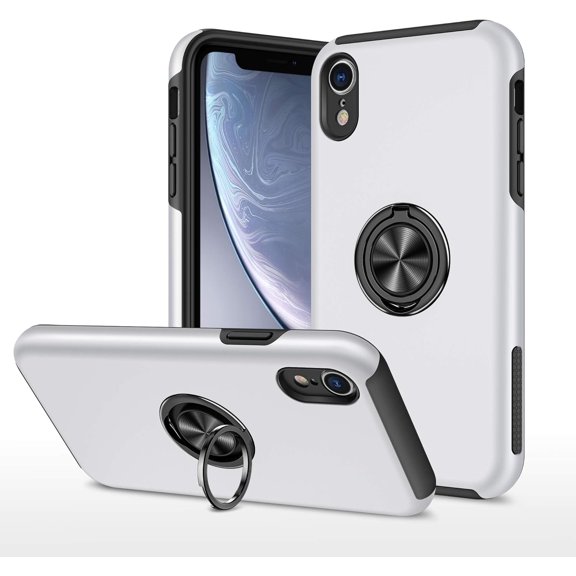 Case for iPhone XR, Smooth Dual Layer Hard Military Phone Case with 360 Degree Ring Stand Silicone Bumper Shockproof Protective Case (Camera Protection) Magnetic Car Holder Cover-Silver
